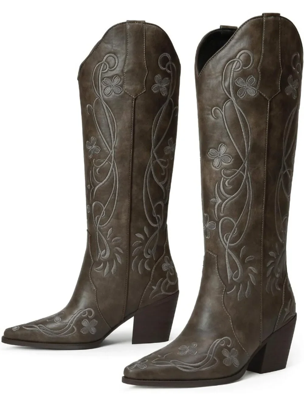 Women's Dark Bronze pu Knee High Floral Embroidered Vintage Cowgirl Boots